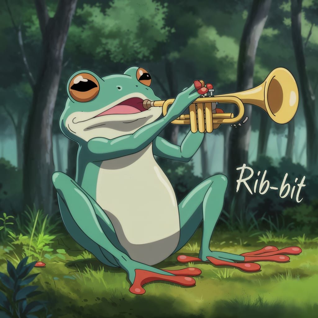 portrait of a frog sitting in the forest playing the trumpet...