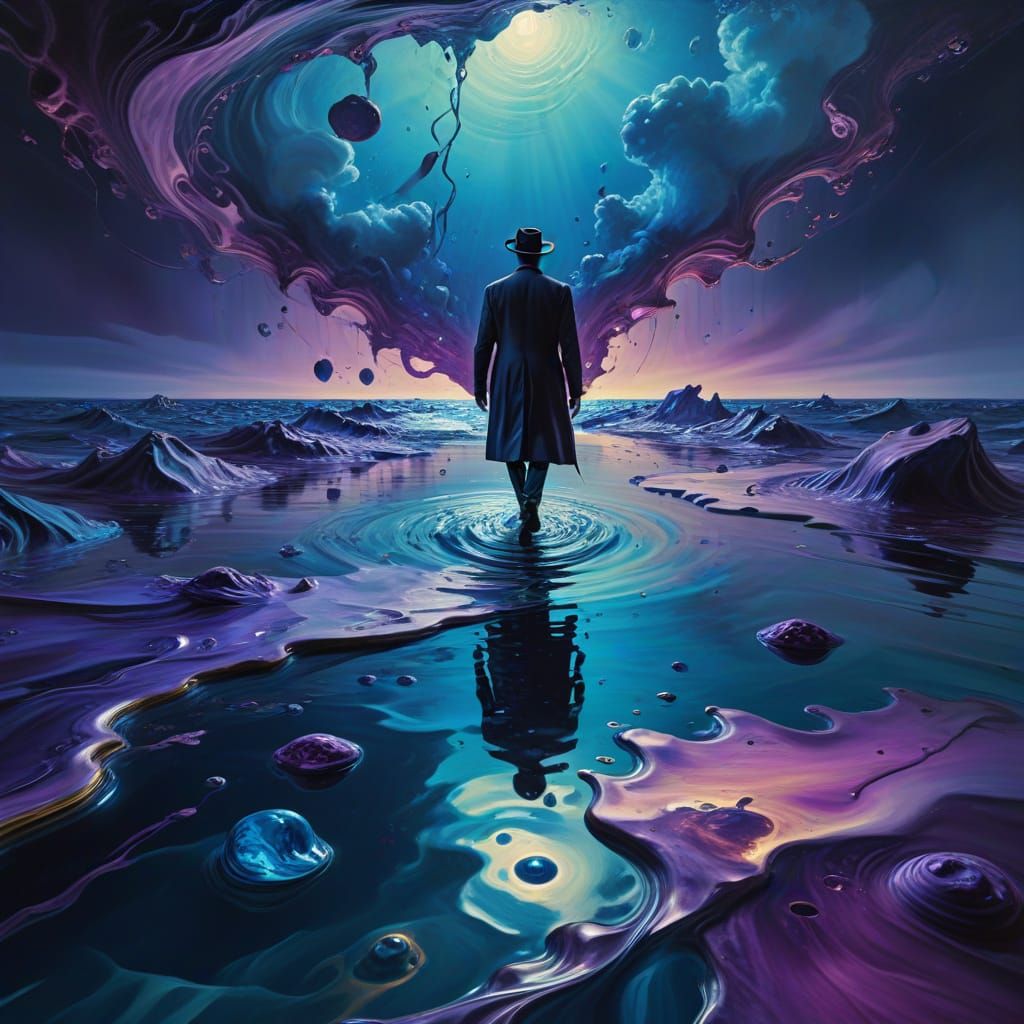 Surreal Traveler Walks on Water in Dali-Inspired Oil Paintin...