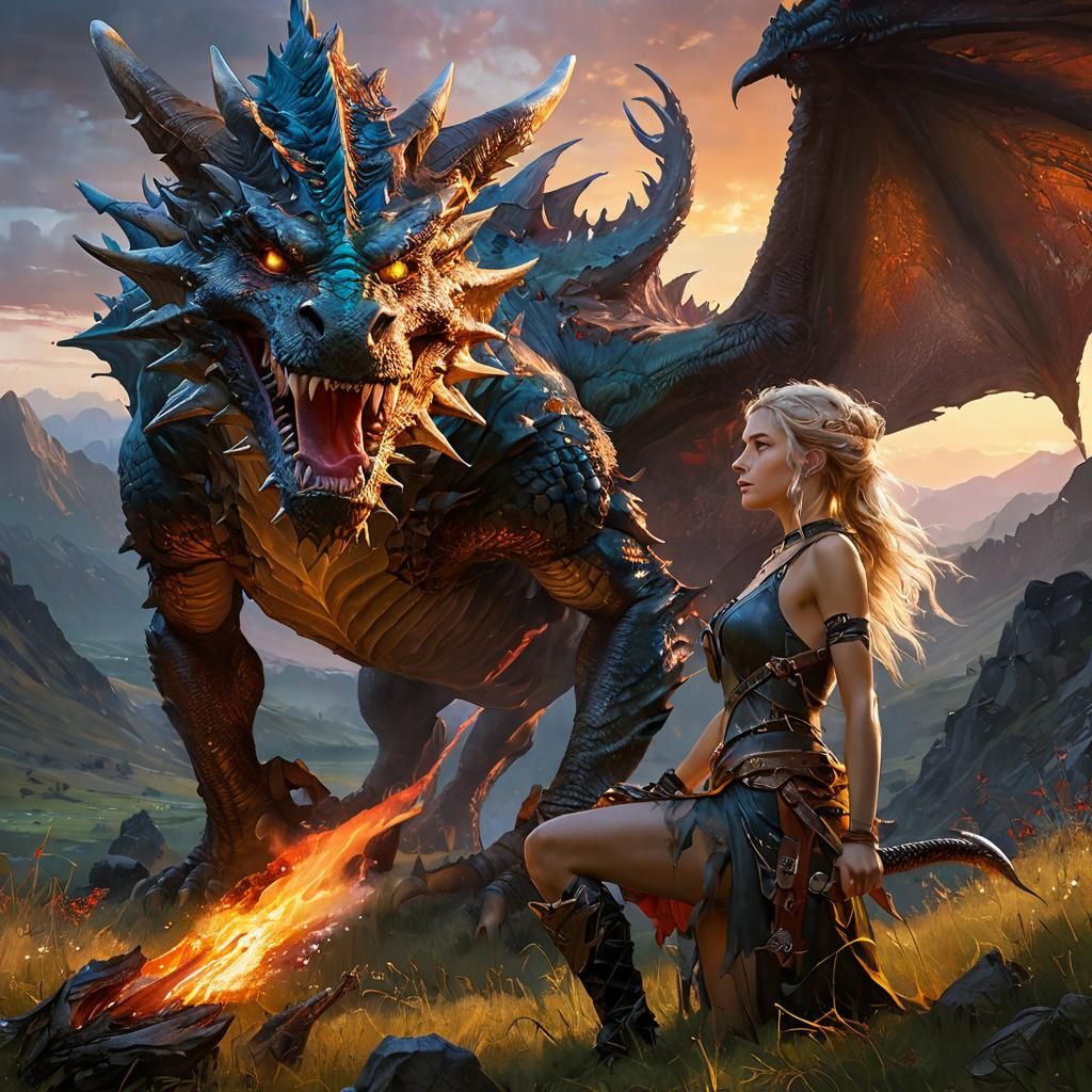 Elf Warrior and Dragon in Anime Painting Style