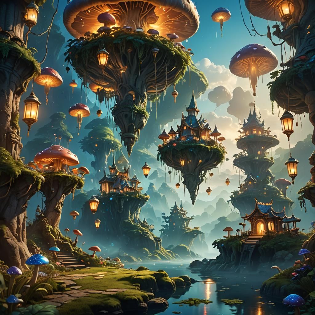 Fantasy World with Floating Islands and Glowing Mushrooms