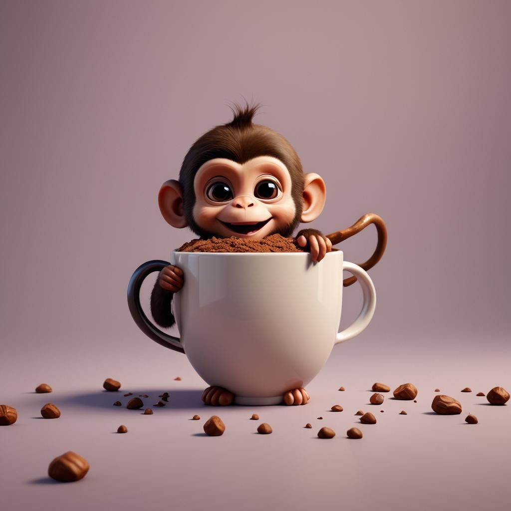 Baby Monkey in Cocoa Cup: Pixar Style 3D Art