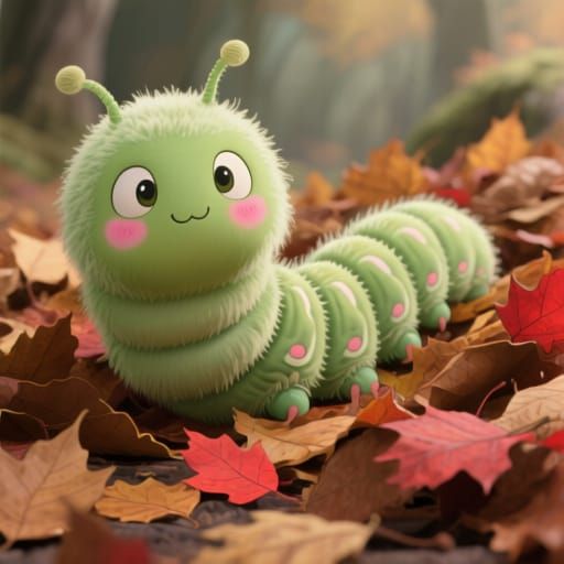 Giant Fluffy Green Creature in Autumn Leaves