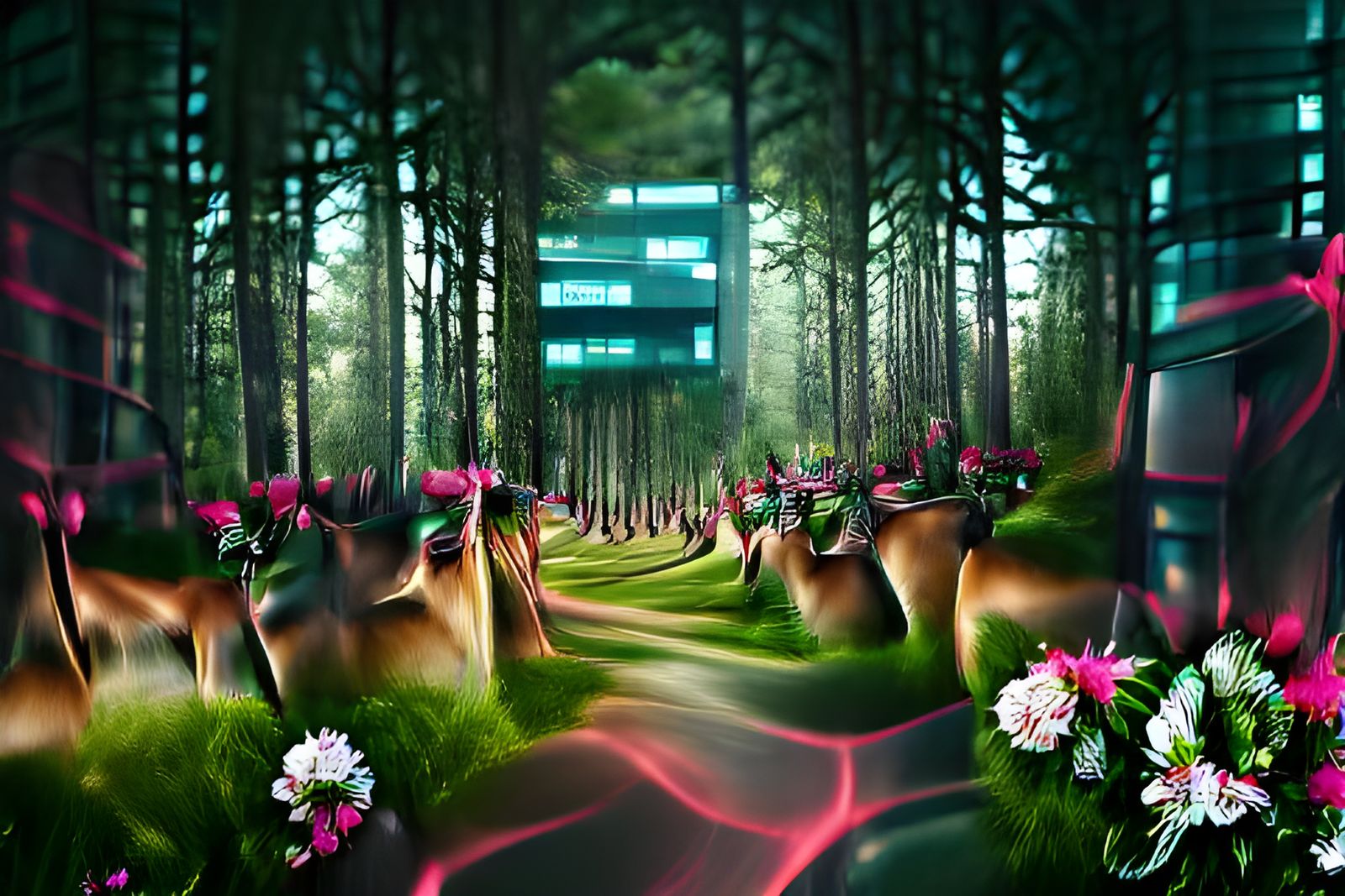 Cybernetic Forest: Deer and Digital Blossoms
