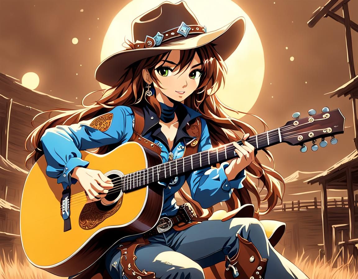 Anime Cowgirl Plays Guitar in Western Style