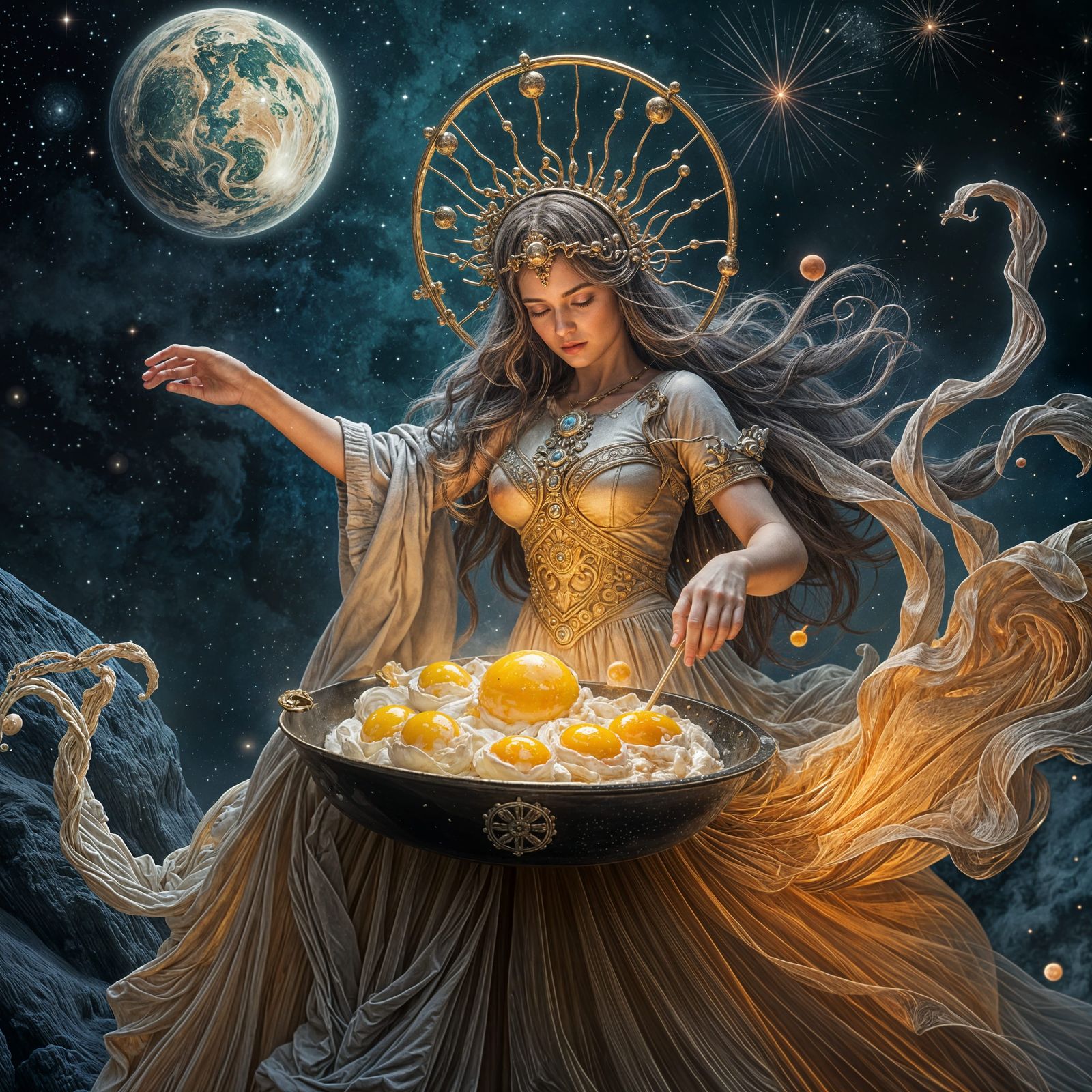 Goddess Frying Planets Like Eggs: Hyperrealistic Art