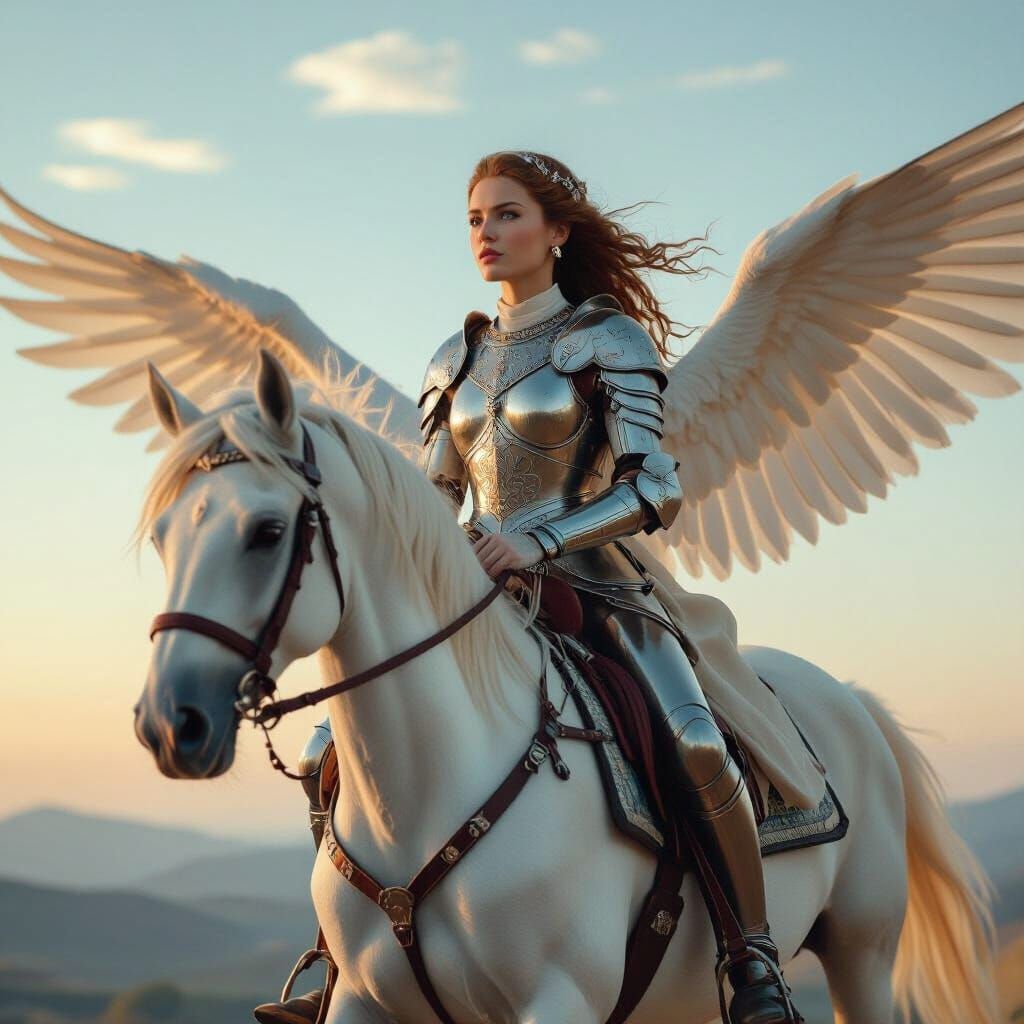 Woman Riding Pegasus Through Dawn Sky