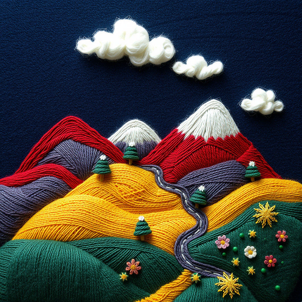 Textile Landscape with Embroidered Hills and Mountains