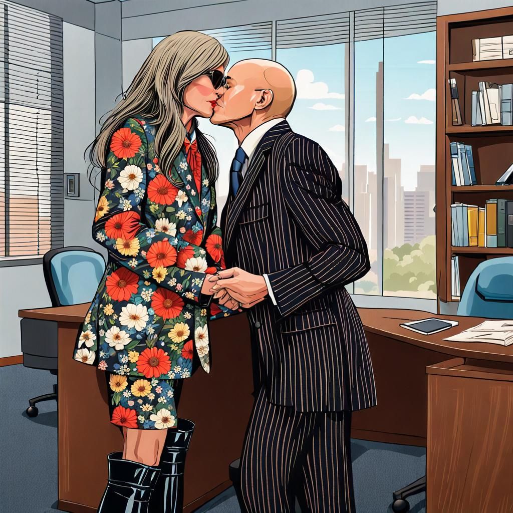 Crossdresser and Businesswoman Kiss in Office Photo