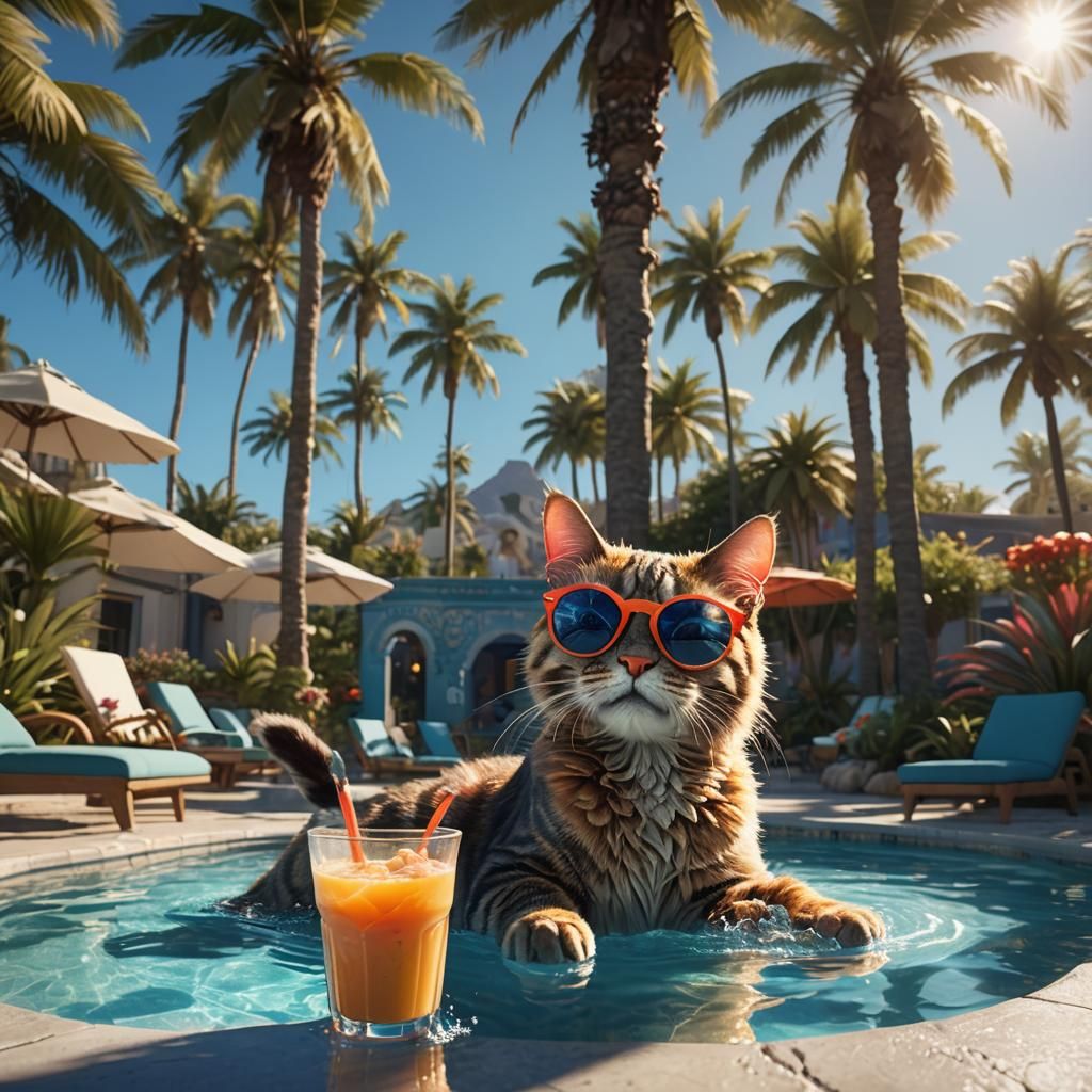 Cat by Pool with Smoothie: Fantasy Concept Art