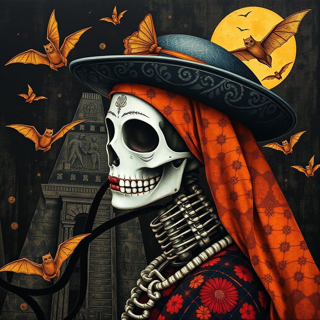 Skeleton in Bowler Hat: Alebrije Batik Collage