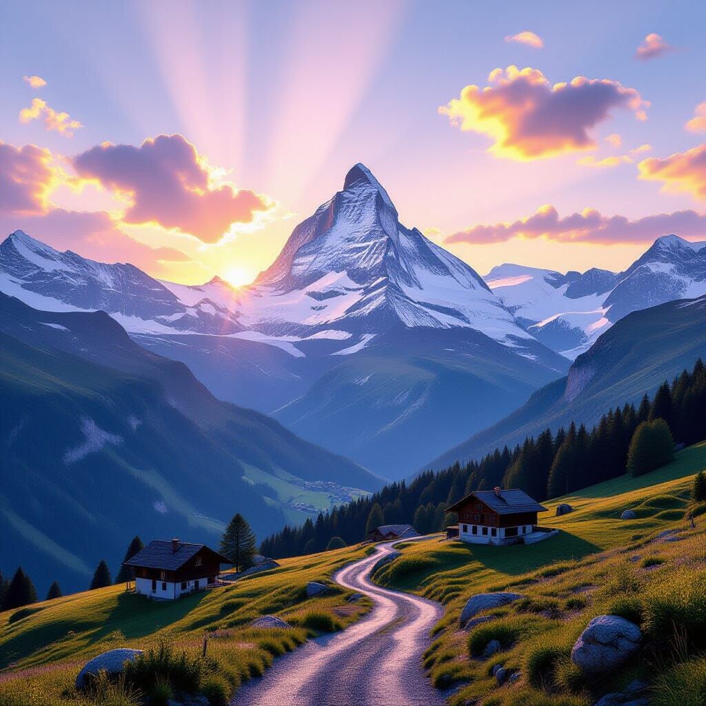 Majestic Swiss Alps Sunrise Vista Hyperrealistic Digital Pai...