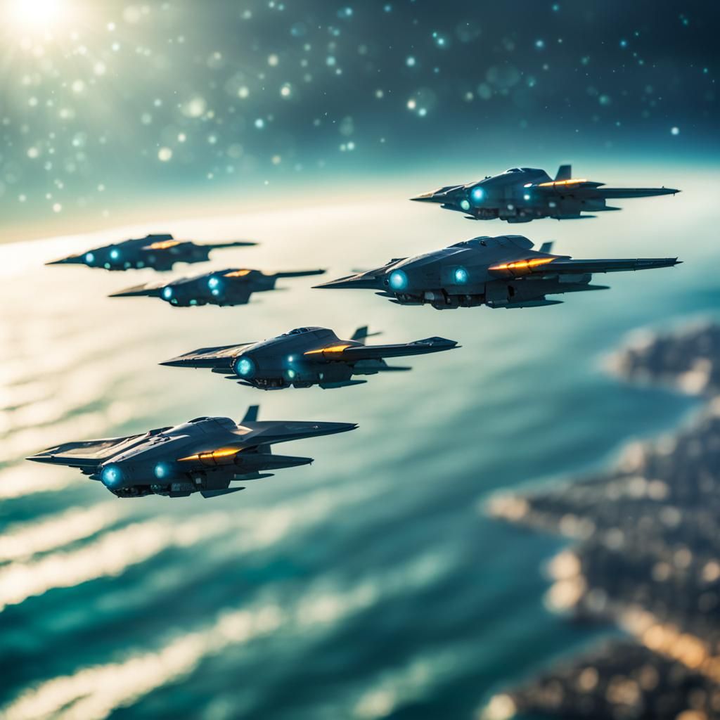 Alien Spacecraft Squadron Over Ocean: Professional Photograp...