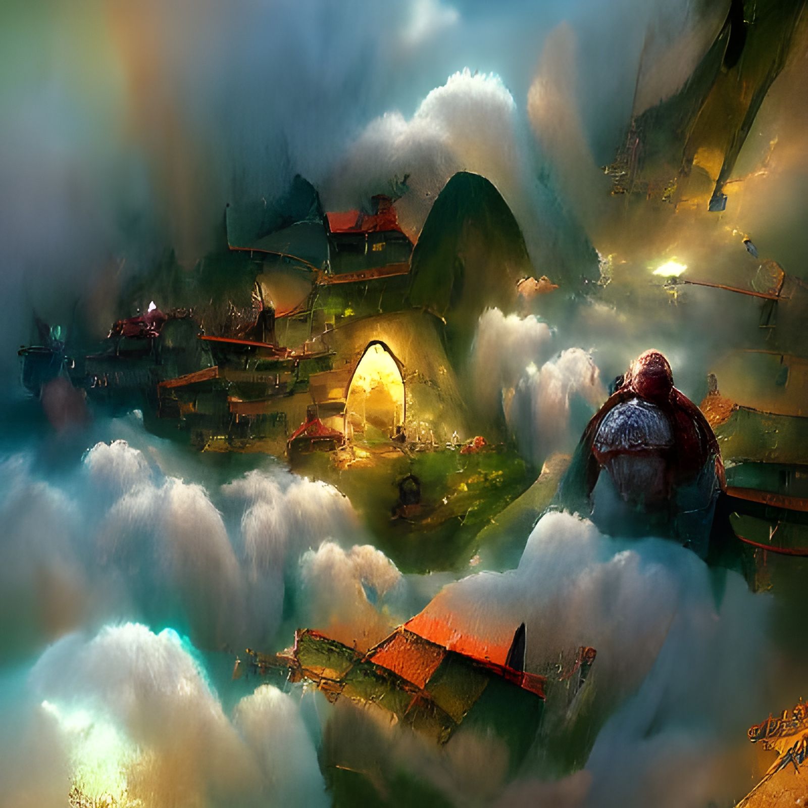 Dwarf Village in the Clouds: Fantasy Art