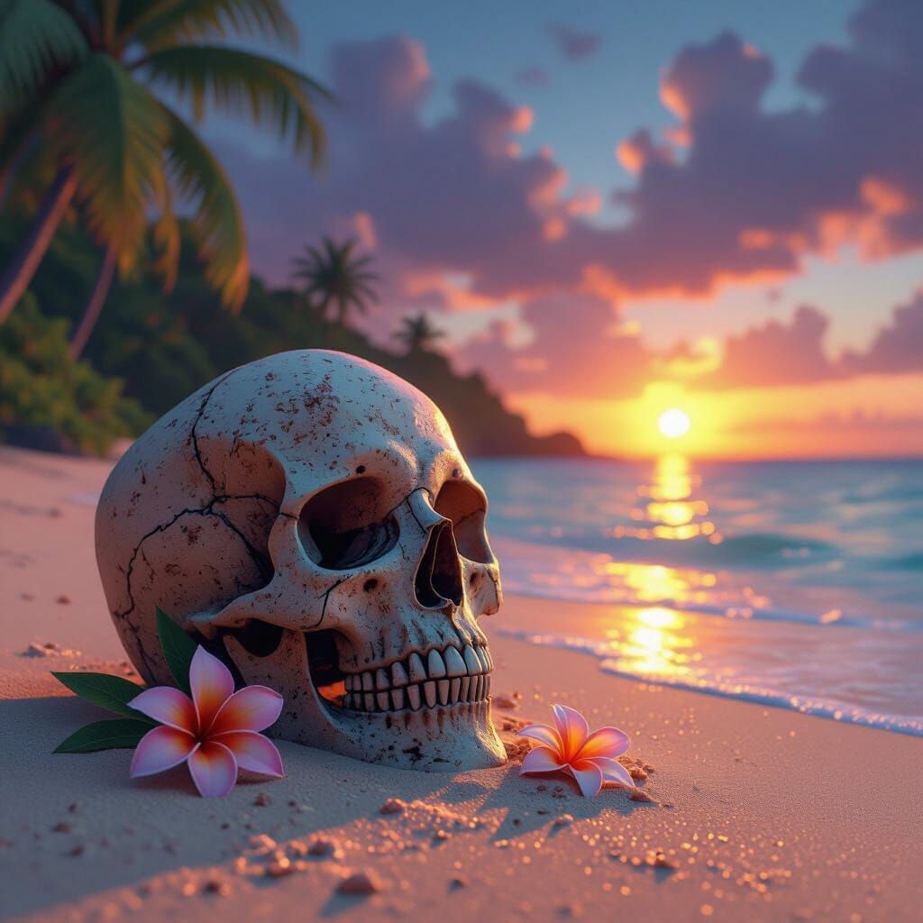 Skull on Tropical Beach at Fantastical Sunset