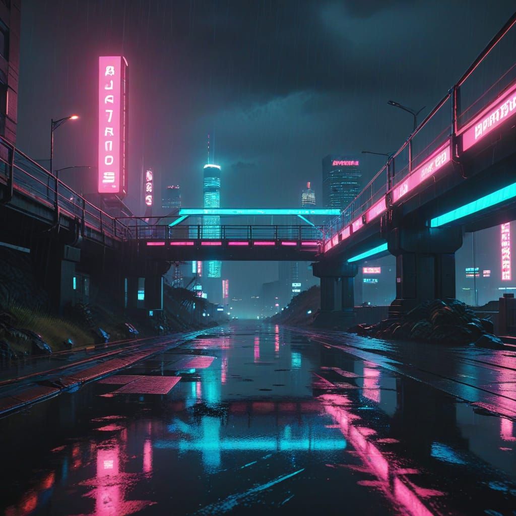 Cyberpunk Bridge Over River Under Neon Sky