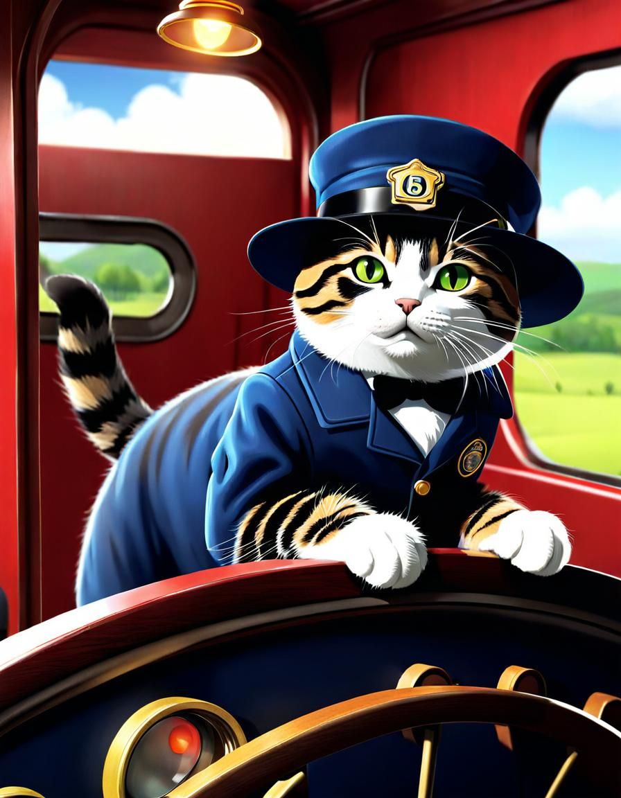 Cat Train Conductor Driving a Locomotive