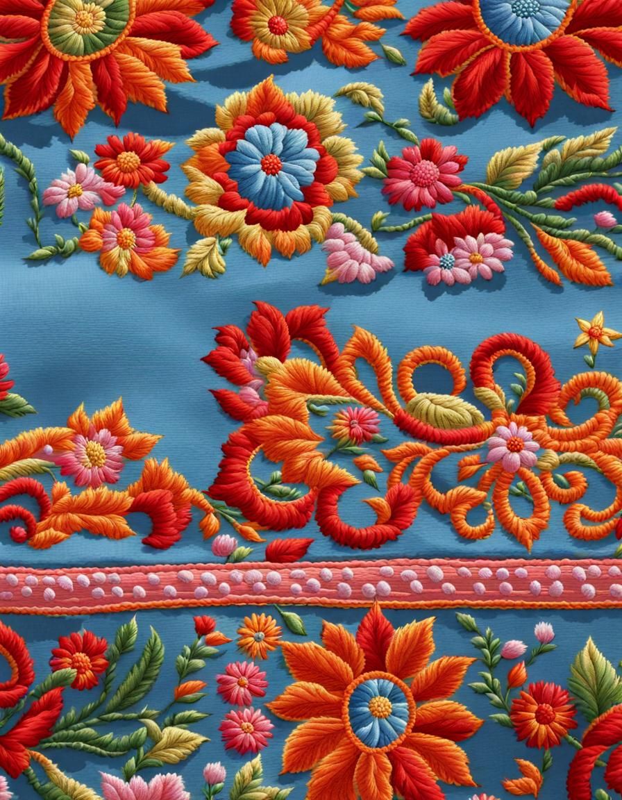 Colorful Embroidered Scene with Blue Sky