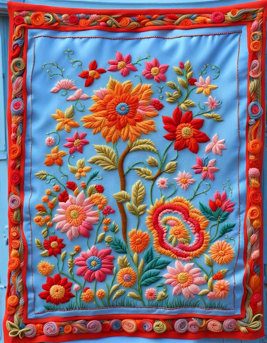 Surreal Embroidered Scene Under a Bright Blue Sky