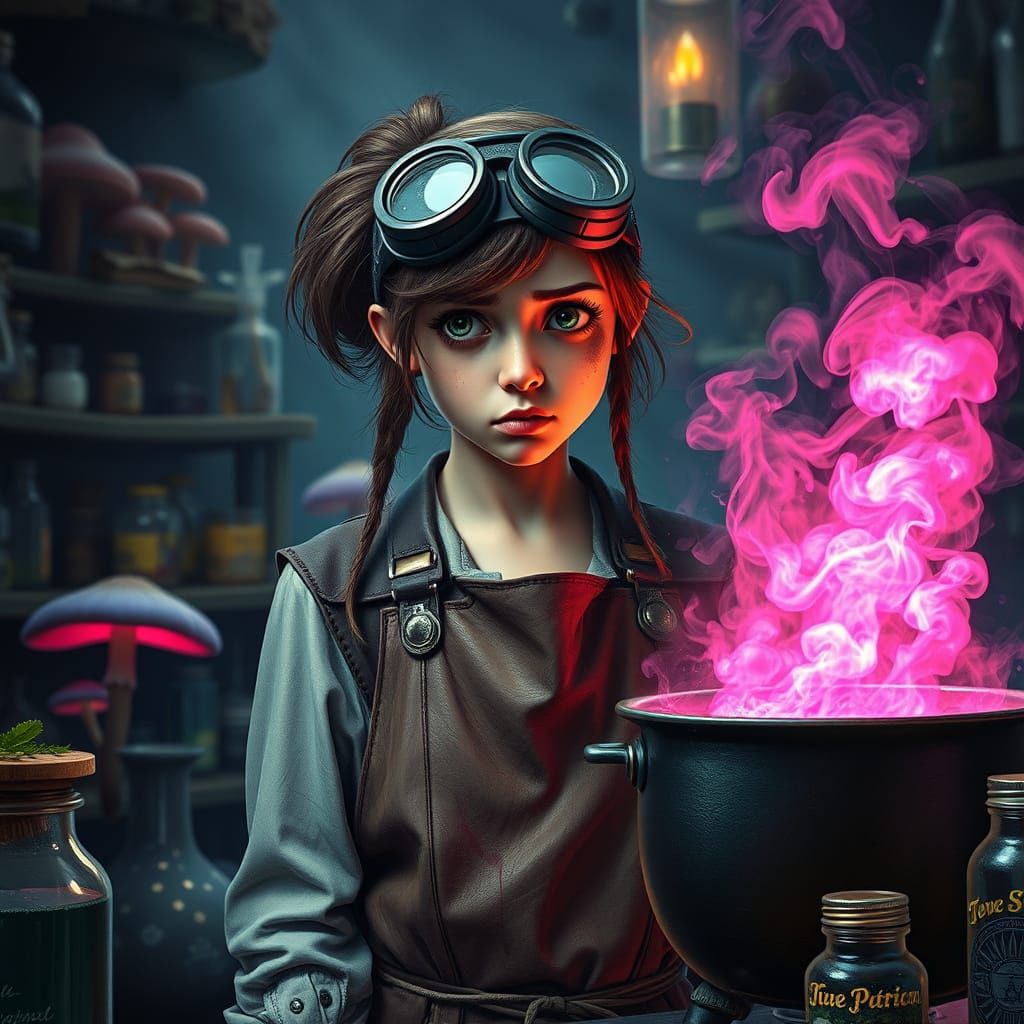 Witch Apprentice's Chaotic Lab in Dark Fantasy Style