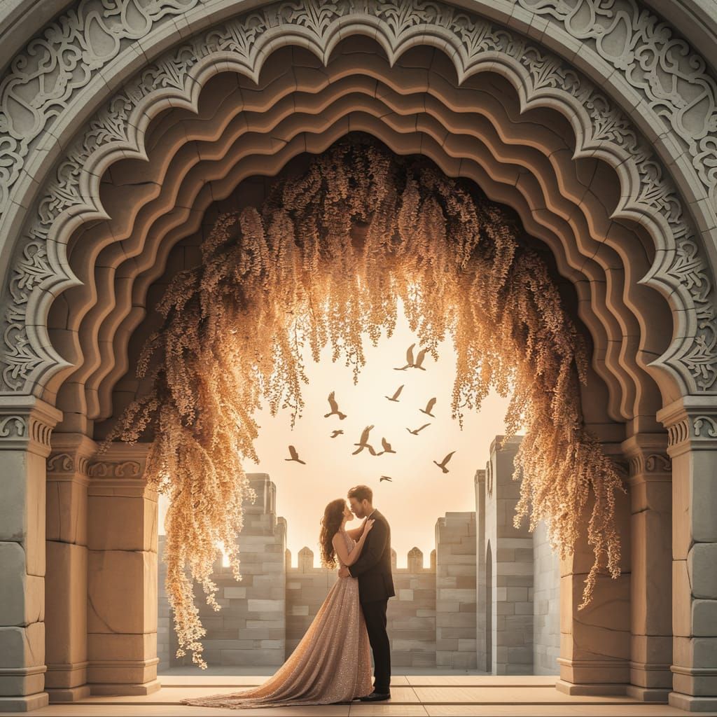 Romantic Couple Under Ornate Blossoming Archway in Golden Hu...
