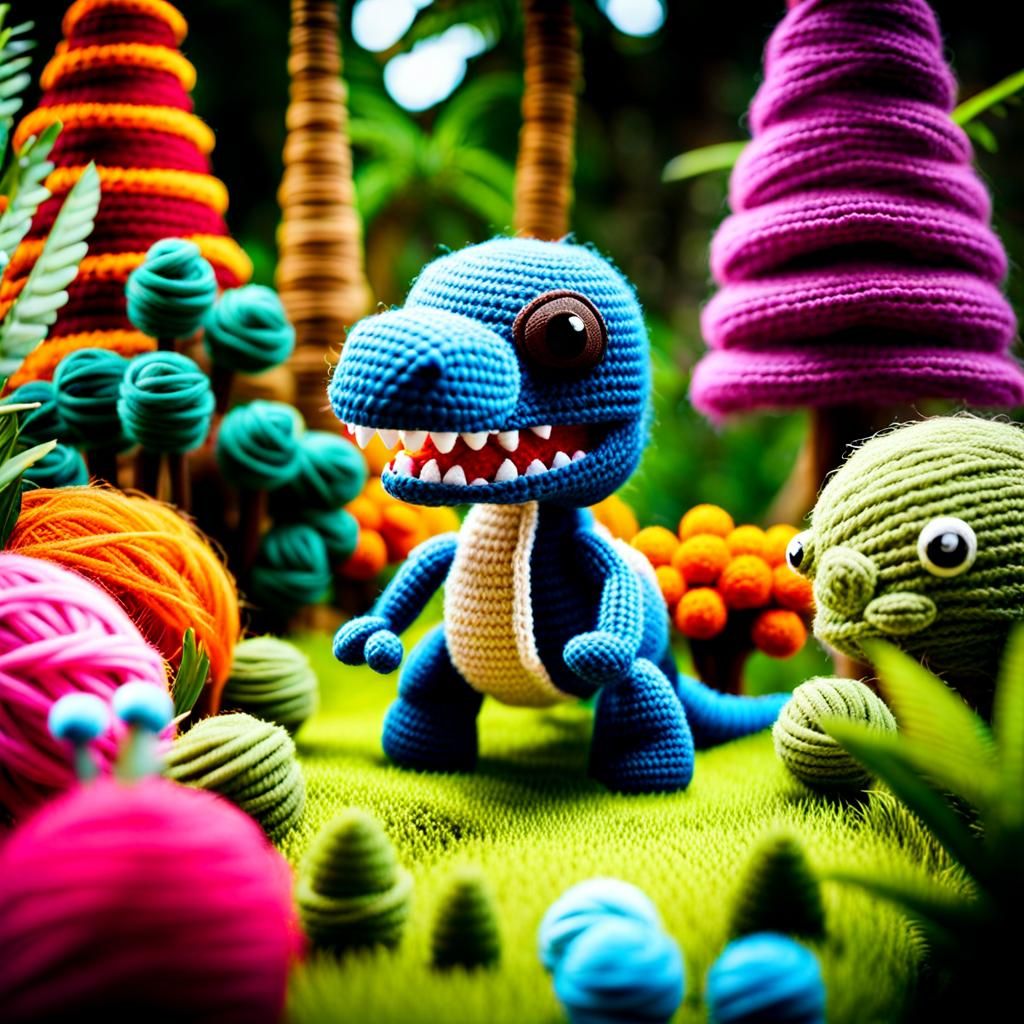 Yarn Dinosaurs Roam a Crochet Volcano