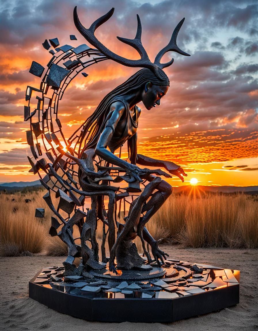 Surreal Fragmented Sculpture of Woman with Antlers