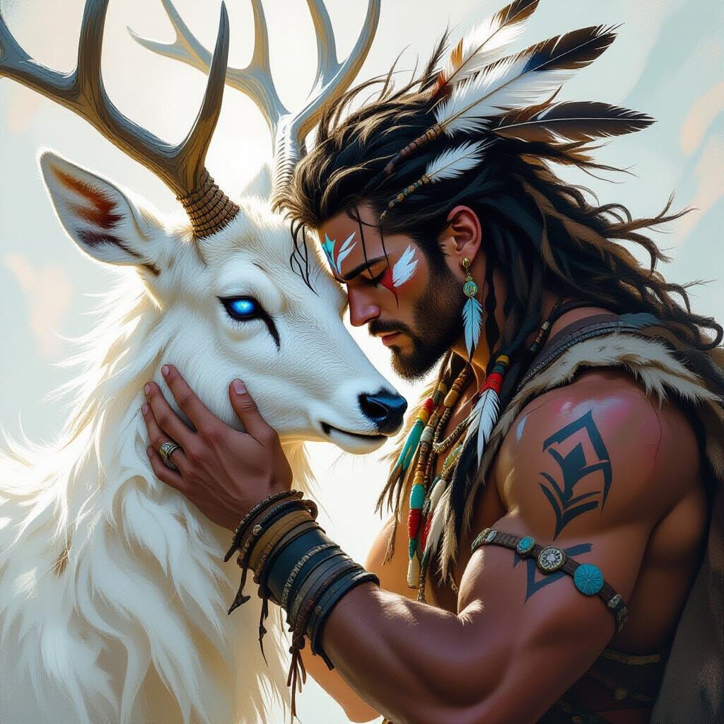 Warrior Bonds with Mystical Deer: Dreamlike Digital Art