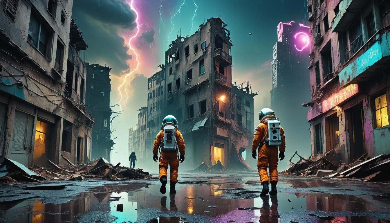 Surreal Astronaut in Crumbling City, Vivid Colors