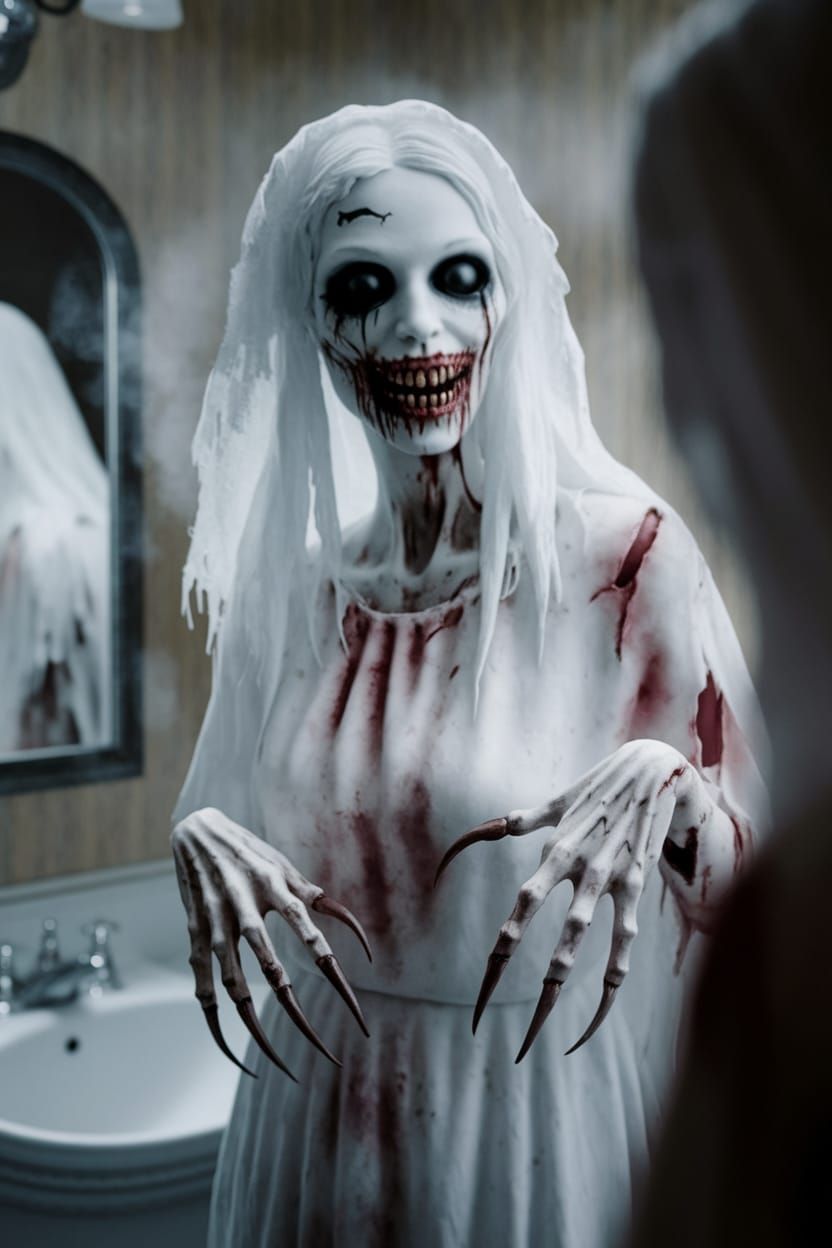 Terrifying Bloody Mary Reflection in Dimly Lit Mirror