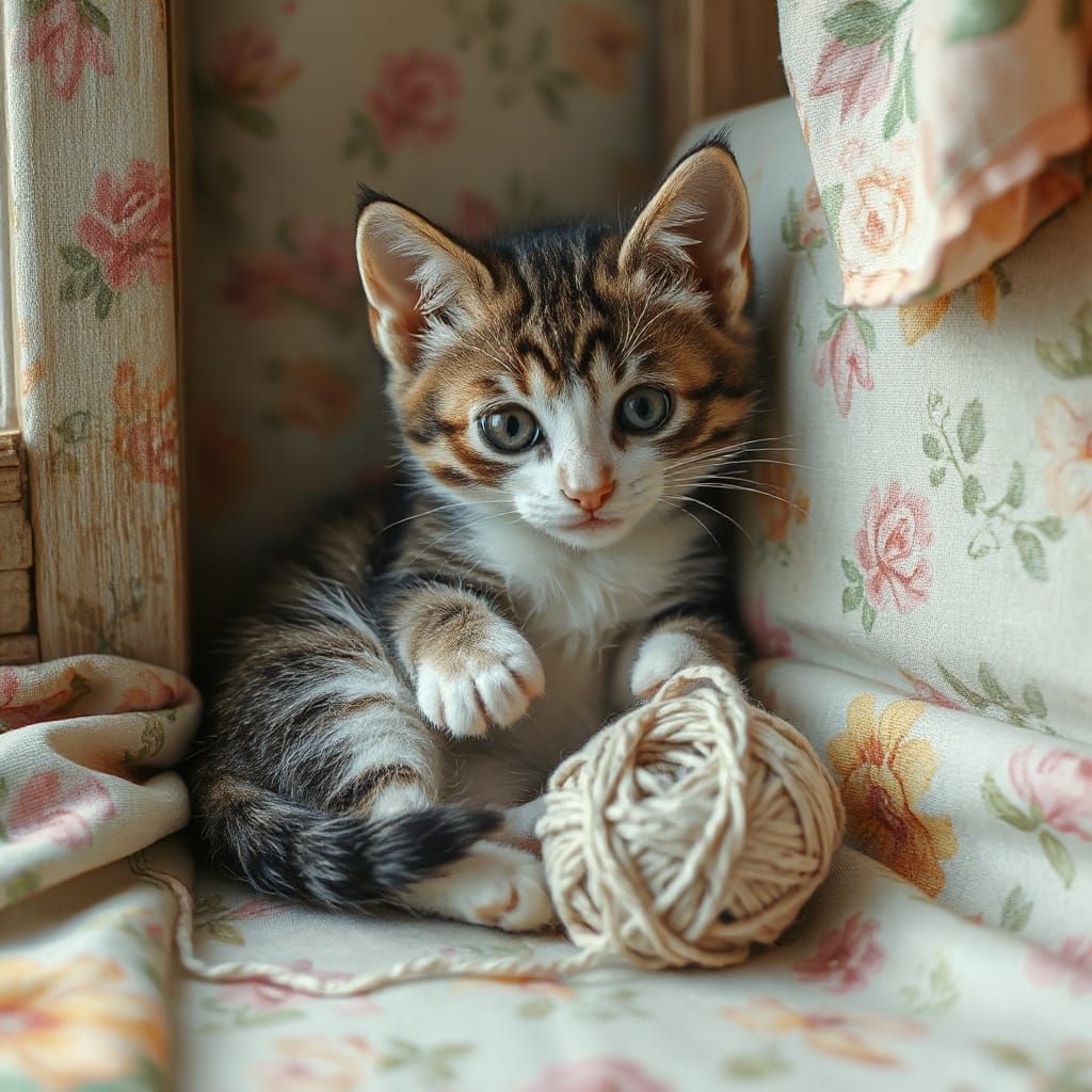 Kitten Playing with Yarn in Fantasy Style