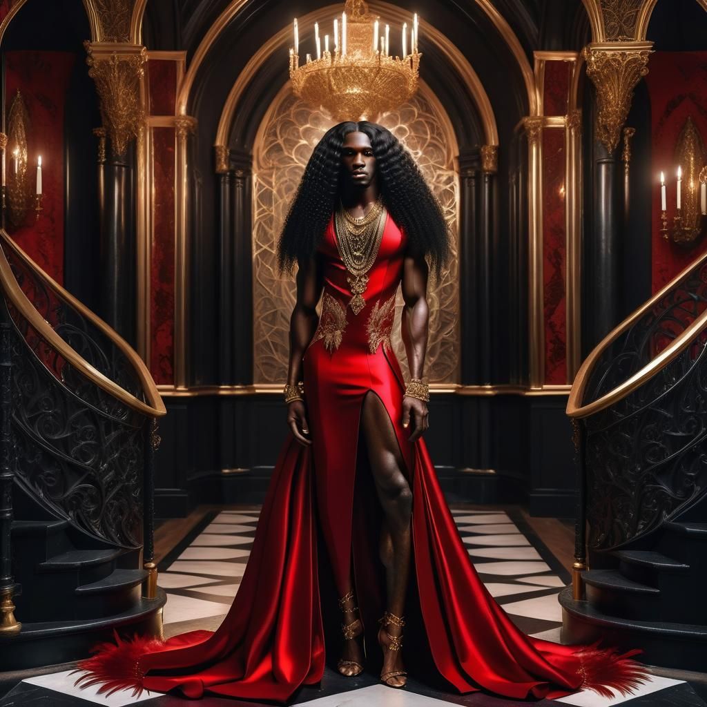 Glamorous Black Man in Red Dress in Gothic Hall