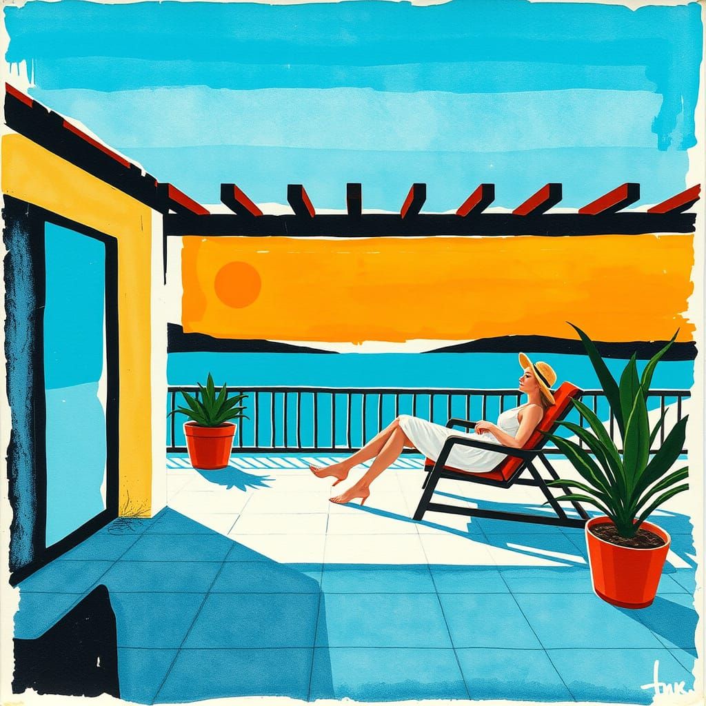 Minimalist Collage of Woman Relaxing on Patio