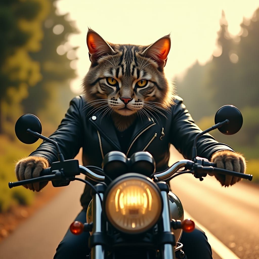 Human-Sized Cat Biker on Country Road