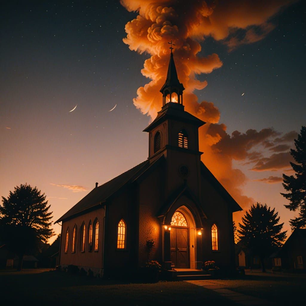 Epic Nighttime Church Ablaze in Cinematic Style