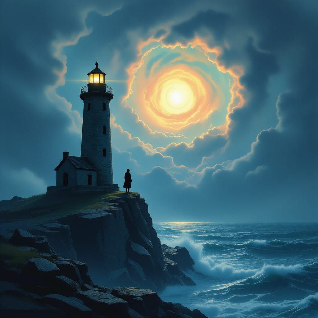 Lighthouse Keeper Against Cosmic Nebula in Matte Painting St...