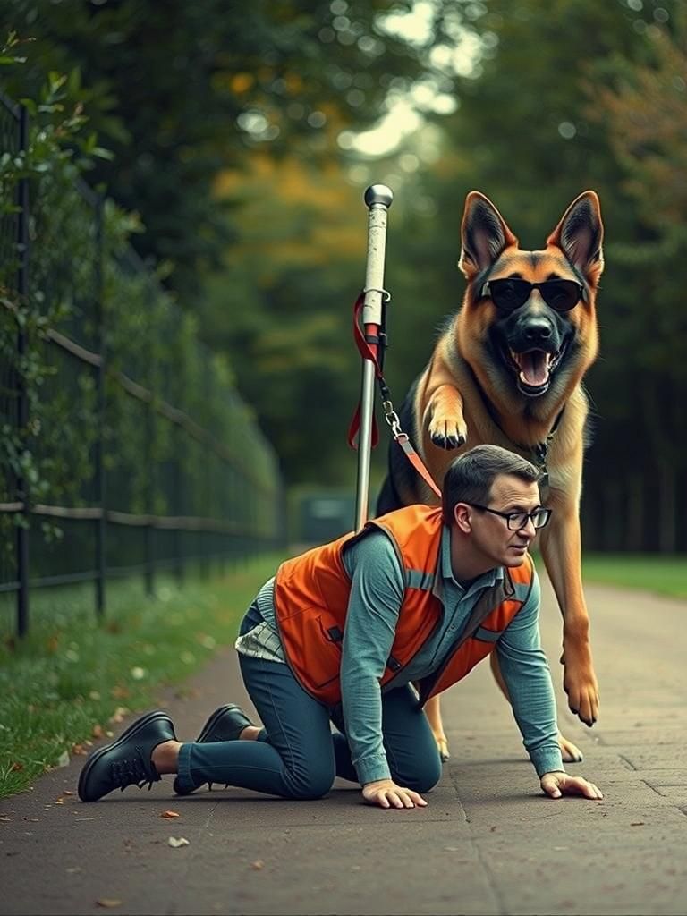 Seeing-eye human guides blind dog, role-reversal