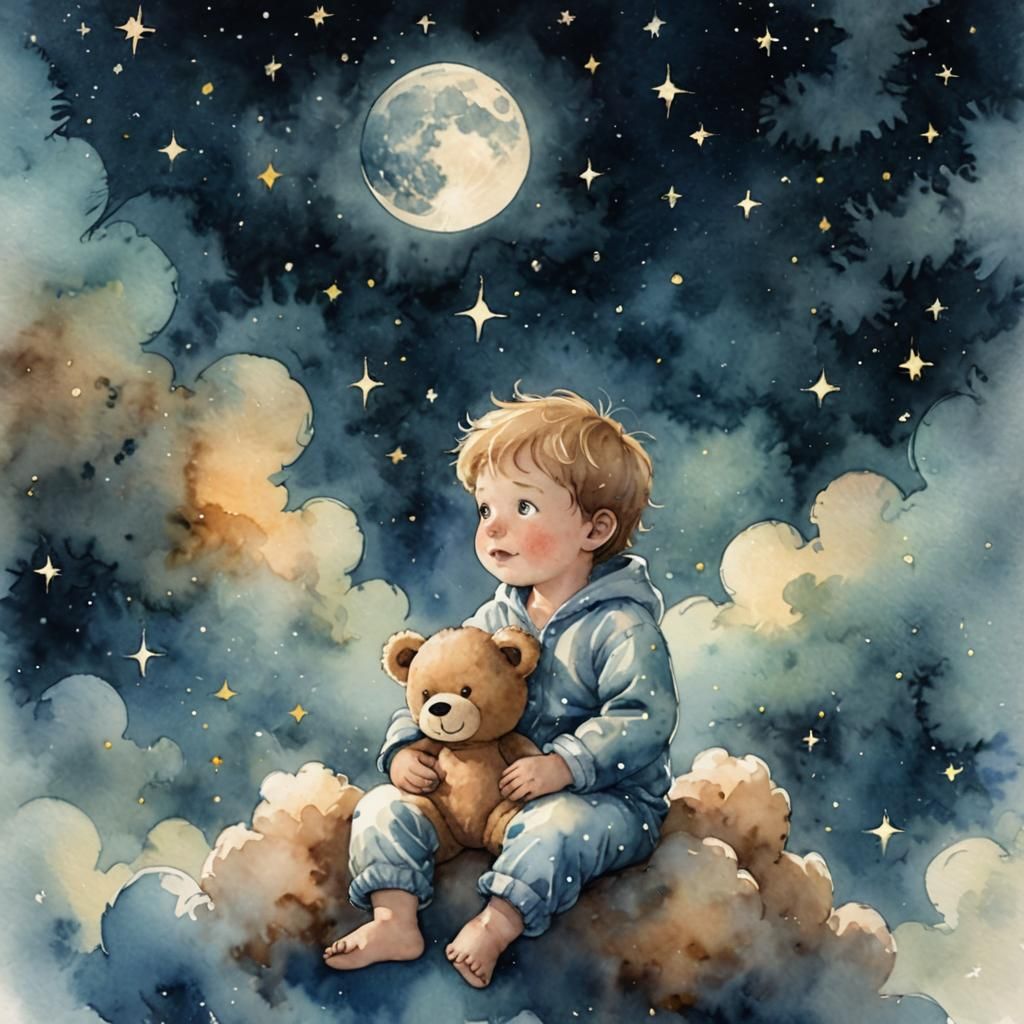 Child and Teddy Bear in Starry Sky, Watercolor