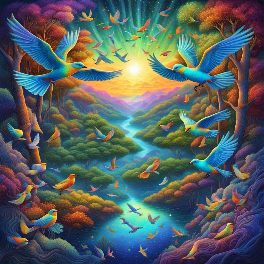 Peaceful Birds Over Forest: Cosmic Astral Illustration