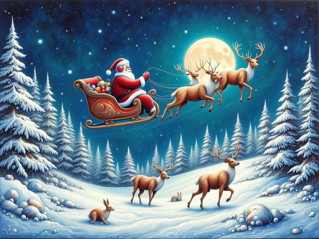 Santa's Sleigh Flies Over Winter Forest with Wildlife