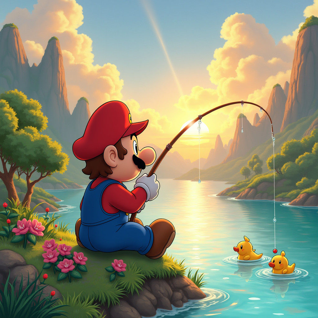 Mario Fishing at Sunset in Mushroom Kingdom