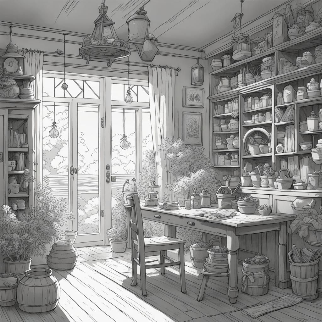 Cute Witch Interior Coloring Page in Anime Style