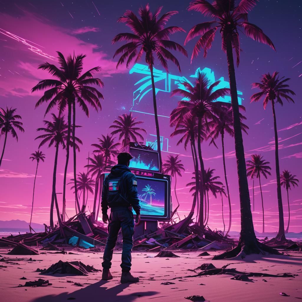Neon Survivor on Retro Beach in Synthwave Style
