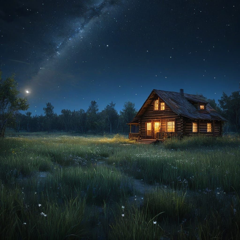 Ethereal Prairie Night Sky with Twinkling Stars and Rustic C...
