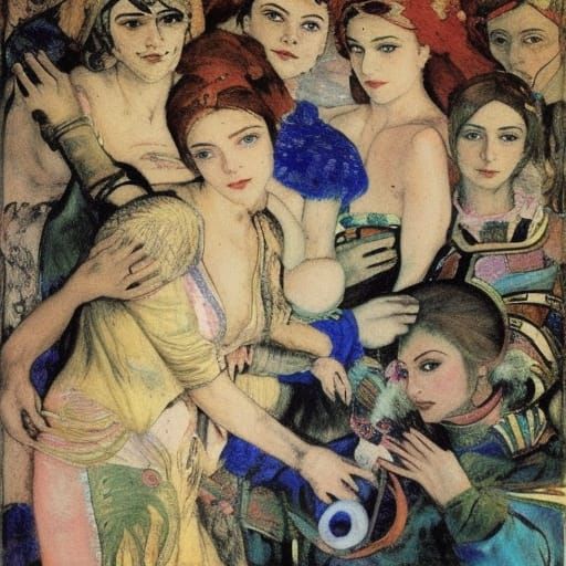 Figures Intercepting Palm in Symbolist Style