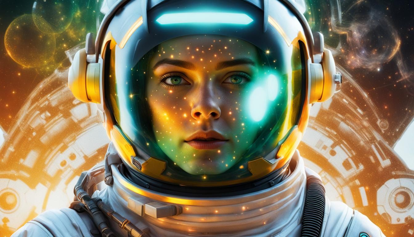 Close-up Portrait of a Young Astronaut in Roger Dean Style