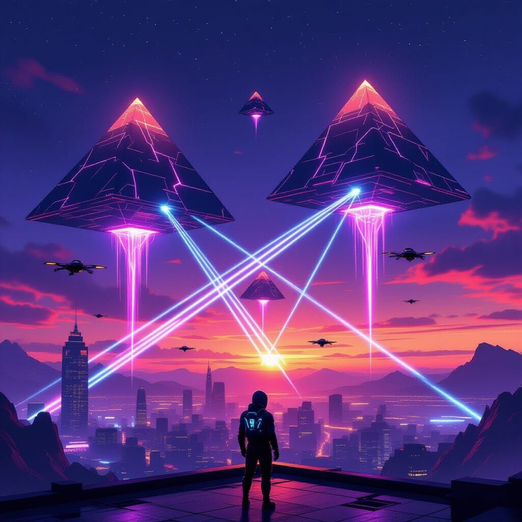 Futuristic Twilight Landscape With Floating Pyramids