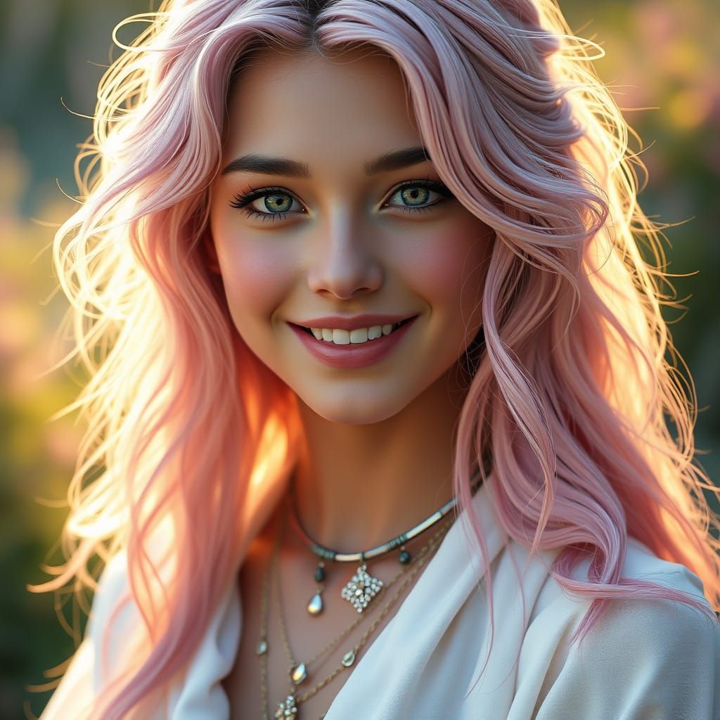 Glowing Young Woman with Soft Pink Hair and Joyful Smile