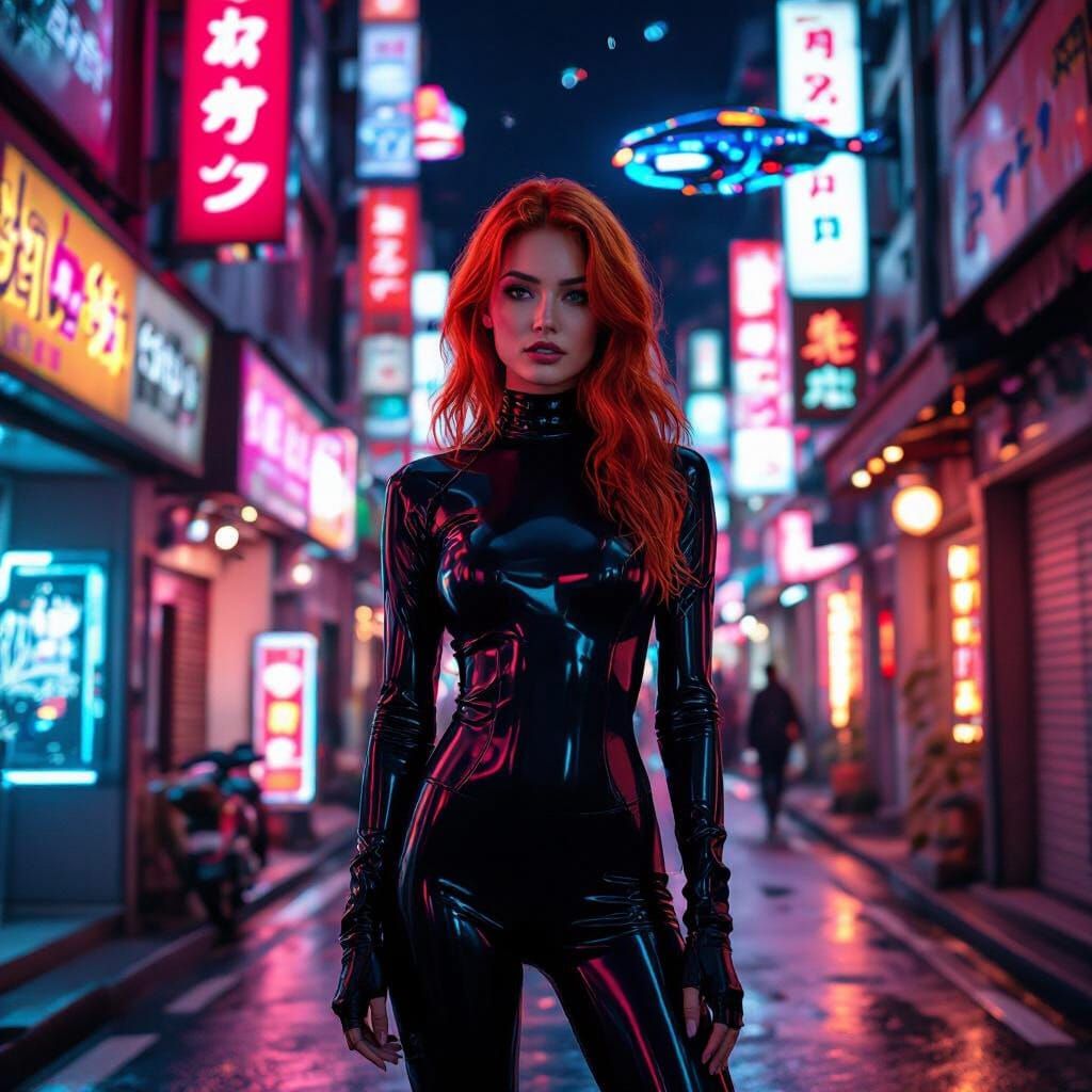 Cyberpunk Woman Poses in Neon Tokyo Alleyway