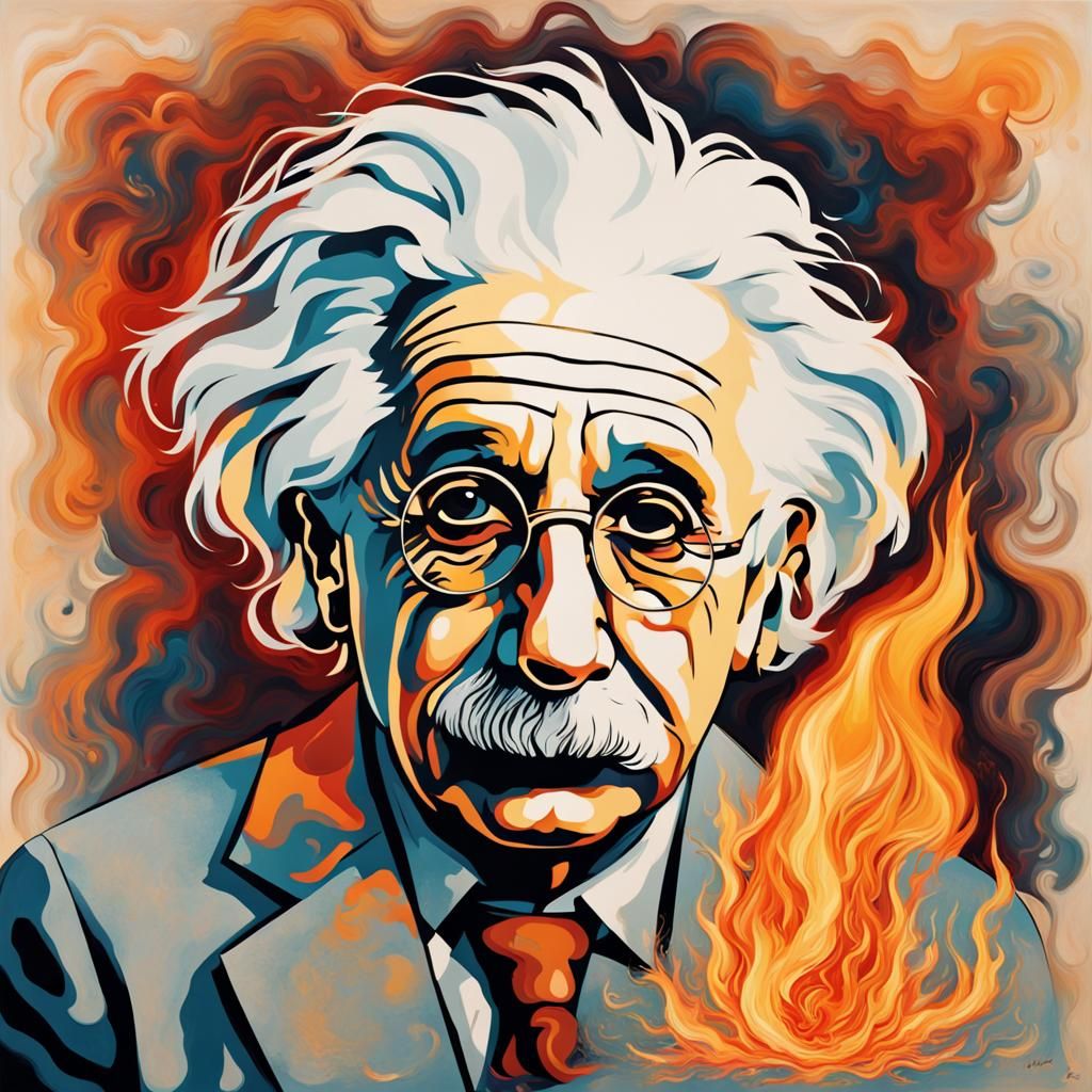 Albert Einstein Portrait with Fire, Abstract Art