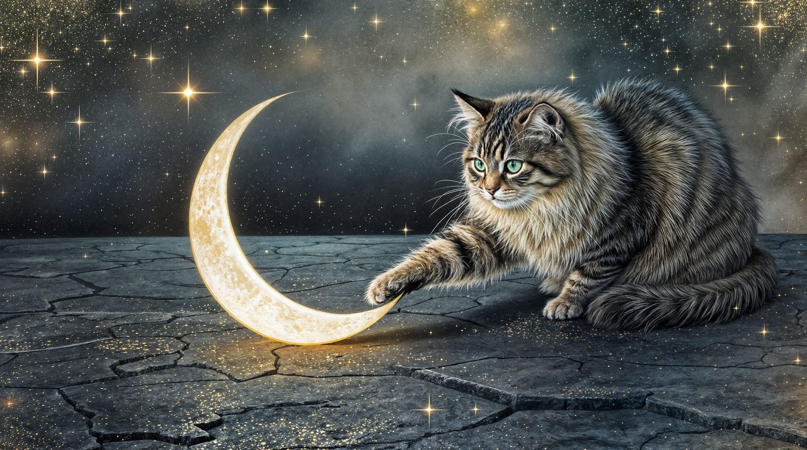 Surreal Feline Plays with Stardust Moon